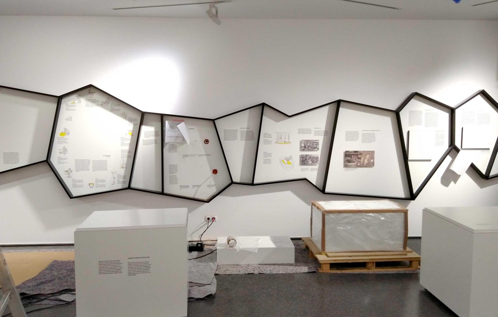 Im Papiermuseum Düren sind organisch geformte Ausstellungselemente an die Wand montiert.