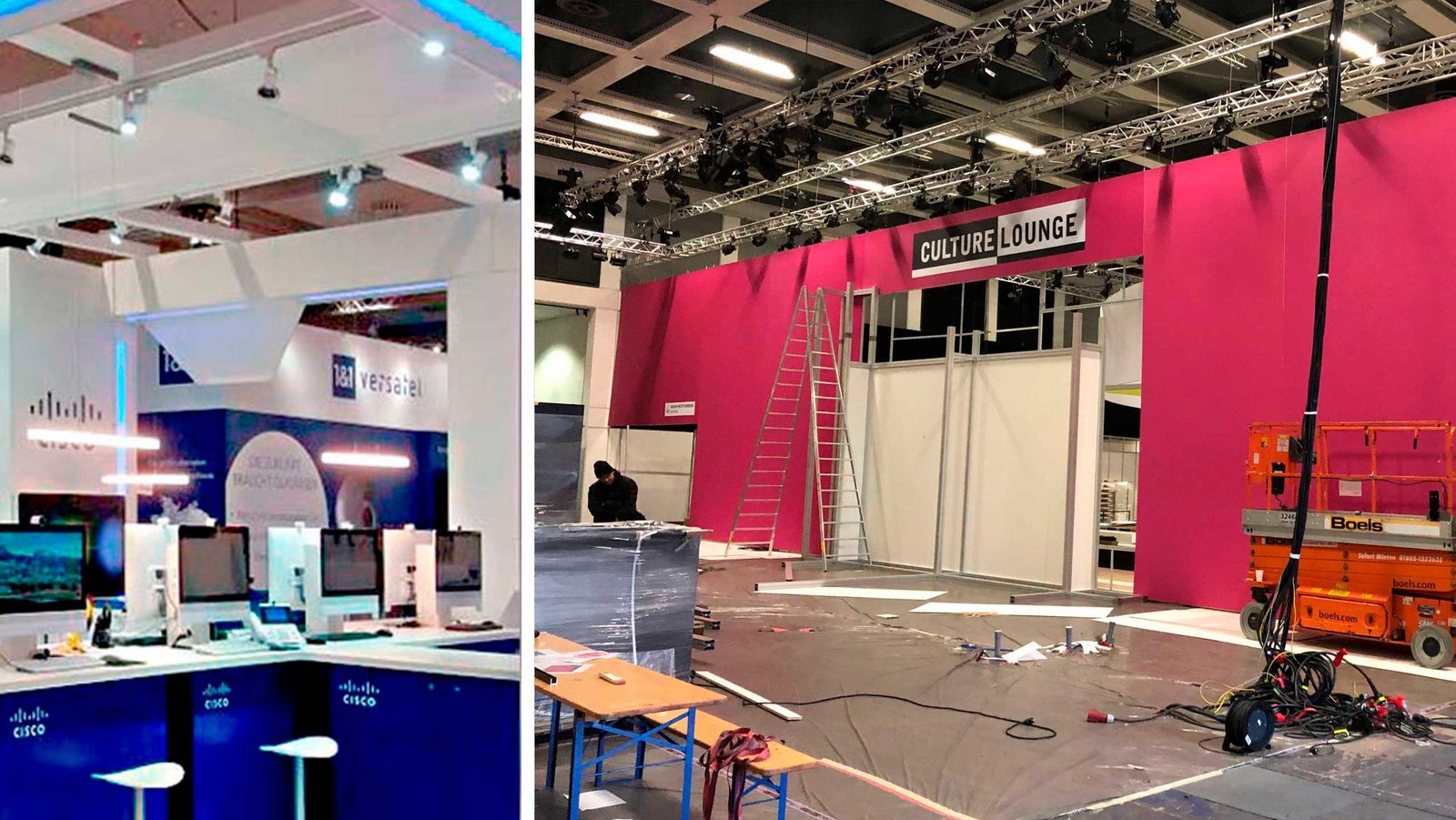 Zwei Bilder einer Messe: Ein Stand mit Tresen, Sitzghockern und Beleuchtung. Eine Halle, in der eine hohe rote Wand gezogen wird. Zur Montage wird eine Hebebühne genutzt.