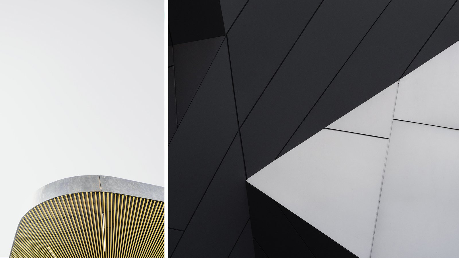 Architekturelemente. Eine Lamellenstruktur und eine spitz zulaufende Kante als markante Details im Ausstellungsbau.